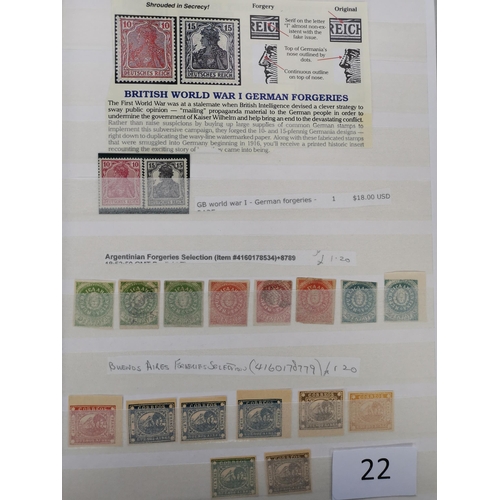 22 - MIXED WORLD.  FORGERIES. A large stockbook and small album with ranges of early to modern forgeries ... 