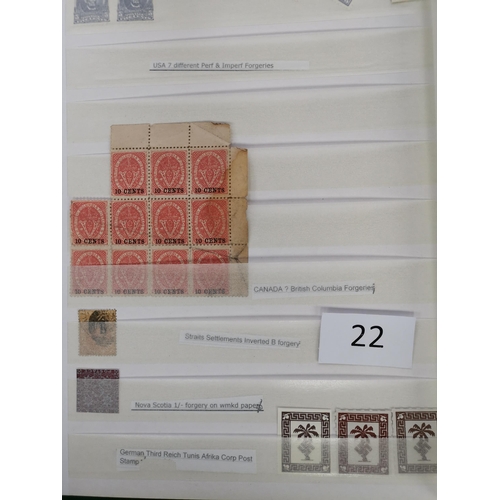 22 - MIXED WORLD.  FORGERIES. A large stockbook and small album with ranges of early to modern forgeries ... 