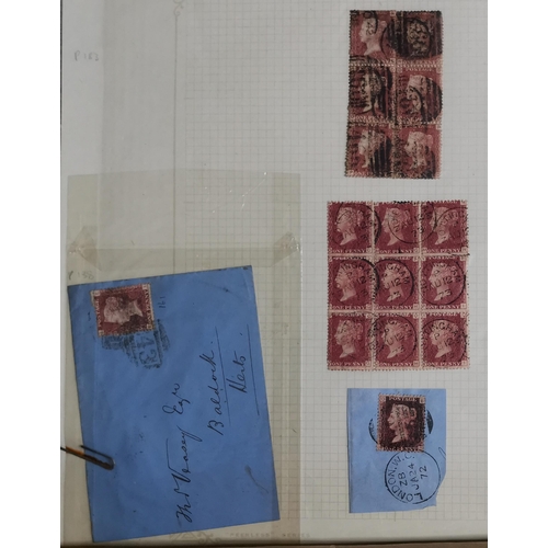 417 - Untidy used collection on leaves  mixed condition with LE 1d reds and 2d blues  1856-8 p.14 1d o.g. ... 