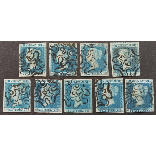 464 - 1841 2d blue  Pl.3  x 9 used with no.'s 1-2  5-9 and 11-12 in Cross cancels  generally good used wit... 