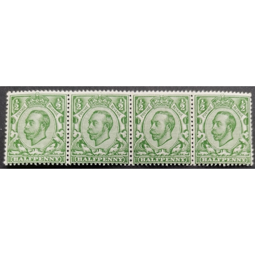 533 - 1912 ½d yellow-green UM strip of 4  the 2nd stamp with cross on crown partly omitted and the 3rd sta... 