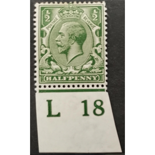 536 - 1912-24 ½d very deep Myrtle-green L18 control single o.g. (has previously been hinged with a large h... 