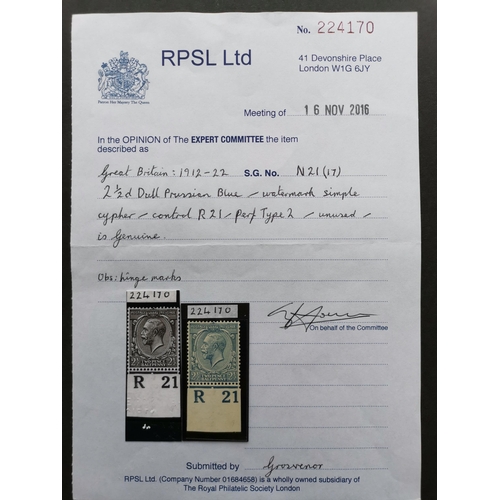 537 - 1912-24 2½d dull Prussian Blue R21 control single o.g. SGSpec.N21(17). 2016 RPS certificate. (1)