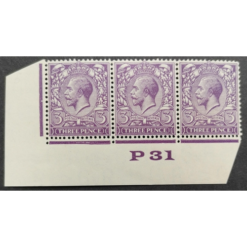 550 - 1924-6 3d violet P31 corner control strip of 3  one showing right '3' broken. SGSpec. N38d. Cat. £60... 