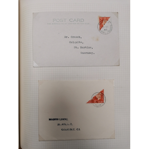 816 - Collection in album with CI wartime incl. Guernsey 1d on blue paper FDI on card  bisects  Red Cross ... 