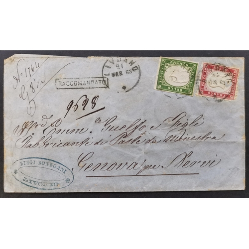 175 - March 1863 cover from Livorno to Genova bearing Sardinia 1855-63 5c green imperf and Italy 1862 40c ... 