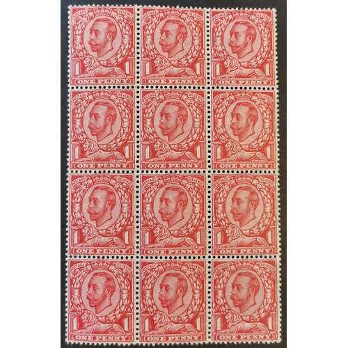 604 - 1912 Multiple Cypher 1d scarlet UM block of 12 (3 x 4) with inv. wmks. SG350Wi. Cat. £660. (12)