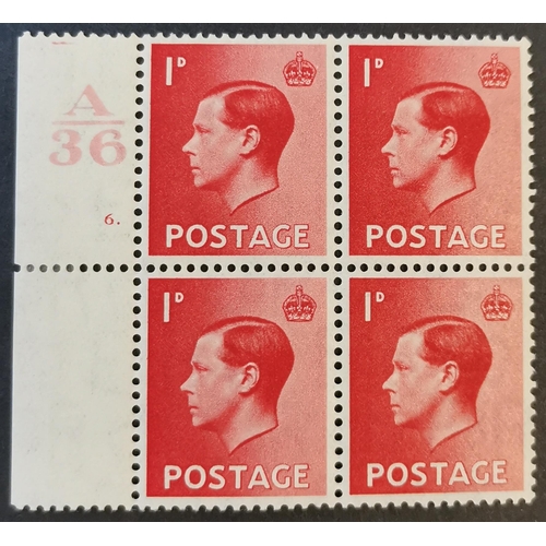 620 - 1936 1d scarlet LH marginal A36 cyl. 6 dot block of 4 perf through margin. (Cylinder block of 6 cat.... 