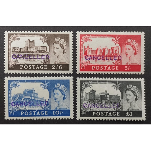 632 - 1958 De La Rue 2/6d to £1 with CANCELLED overprints in violet UM. (4)