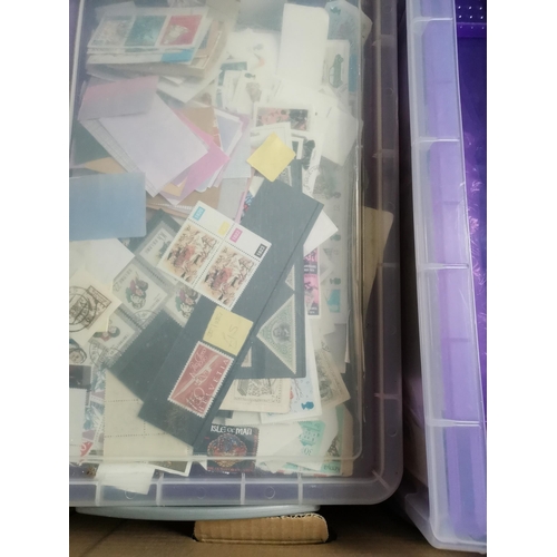 89 - On and Off paper mixtures in 2 plastic containers and another with modern postcards  unused and used... 