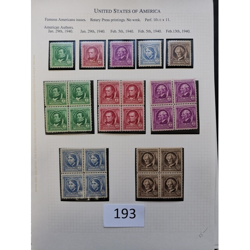 193 - UNITED STATES OF AMERICA.  1922-1944 M or UM clean collection on leaves incl. 1923 Air set with extr... 