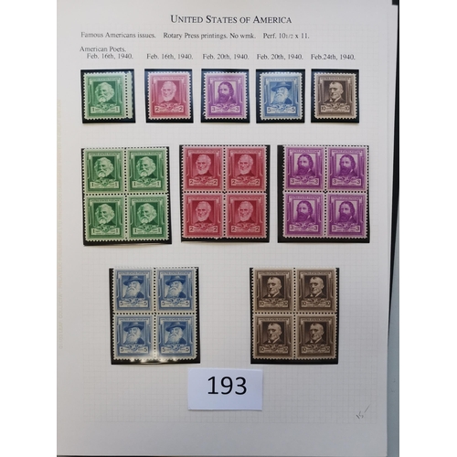 193 - UNITED STATES OF AMERICA.  1922-1944 M or UM clean collection on leaves incl. 1923 Air set with extr... 