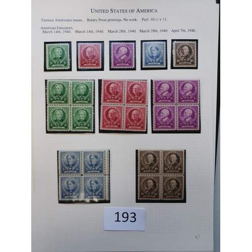 193 - UNITED STATES OF AMERICA.  1922-1944 M or UM clean collection on leaves incl. 1923 Air set with extr... 