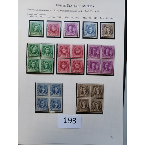 193 - UNITED STATES OF AMERICA.  1922-1944 M or UM clean collection on leaves incl. 1923 Air set with extr... 