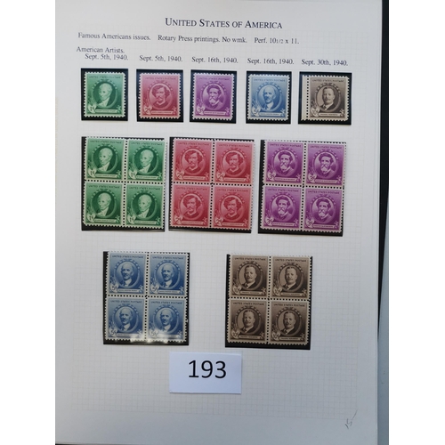 193 - UNITED STATES OF AMERICA.  1922-1944 M or UM clean collection on leaves incl. 1923 Air set with extr... 