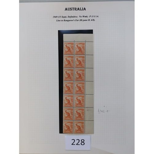 228 - AUSTRALIA.  1949 ½d orange  2 UM blocks of 10  both showing 'Sky Retouch' SG228b  3rd block of 14 sh... 