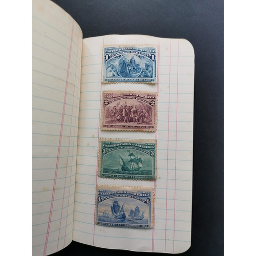 26 - MIXED WORLD.  Small old exercise book with USA 1893 Columbus set to $5 unused (v. small part gum wit... 