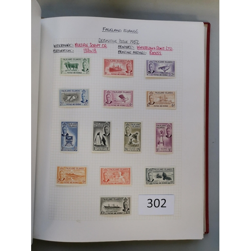 302 - FALKLAND IS.  Late QV-QE M collection in 3 volumes  with 1912-20 range to 1/- with shades  3/-  1933... 