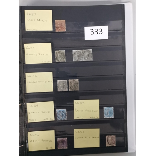 333 - INDIA.  QV-KGVI collection with duplication in album and on stocksheets in binder  incl. 1854 ½a (5)... 