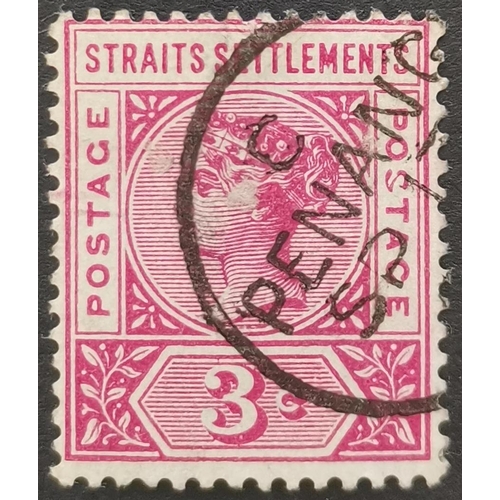 352 - MALAYSIA.  STRAITS SETTLEMENTS. 1892-99 3c carmine-rose with Malformed 'S' variety  FU. SG96a. Cat. ... 