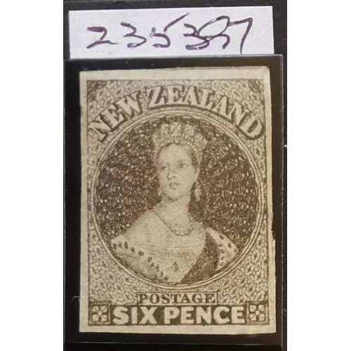 374 - NEW ZEALAND.  1862-64 6d black-brown  fresh unused (re-gummed) with 4 margins. 2022 RPS certificate.... 