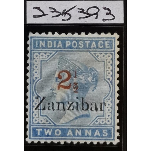 431 - ZANZIBAR.  1895-96 2½ on 2a dull blue  surcharge type 4 in red o.g. SG39. Cat. £325. 2022 RPS certif... 