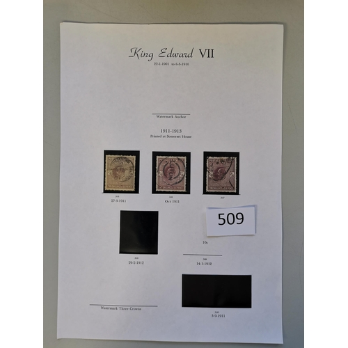 509 - KE VII.  Collection of nearly all used on leaves and stocksheets  to 2/6d (10)  5/- (9) and 10/-  in... 