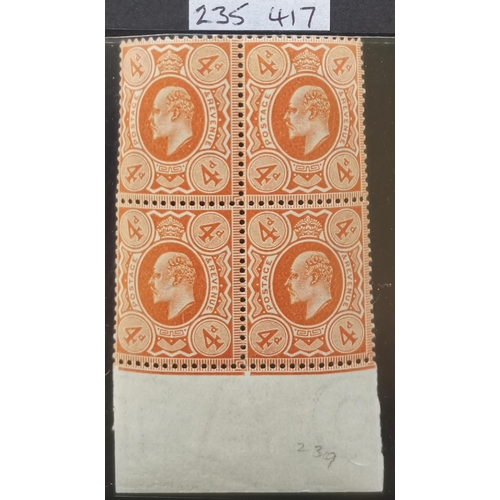 511 - KE VII.  1902-10 4d brown-orange bottom marginal block of 4 M  top pair lightly mounted  lower pair ... 