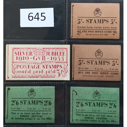 645 - BOOKLETS.  KGV-VI range incl. 1934 5/- no. 8  1935 3/- no. 314  KEVIII 2/- x 1 and 3/- x 2  1937 3/-... 