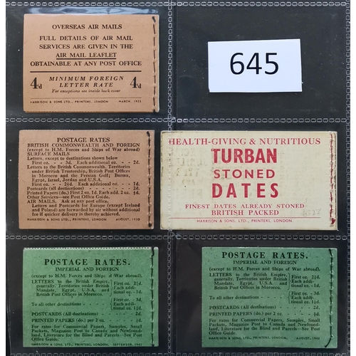 645 - BOOKLETS.  KGV-VI range incl. 1934 5/- no. 8  1935 3/- no. 314  KEVIII 2/- x 1 and 3/- x 2  1937 3/-... 