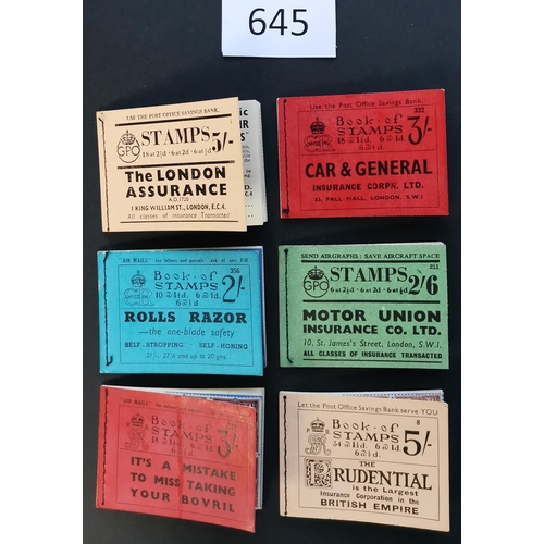 645 - BOOKLETS.  KGV-VI range incl. 1934 5/- no. 8  1935 3/- no. 314  KEVIII 2/- x 1 and 3/- x 2  1937 3/-... 