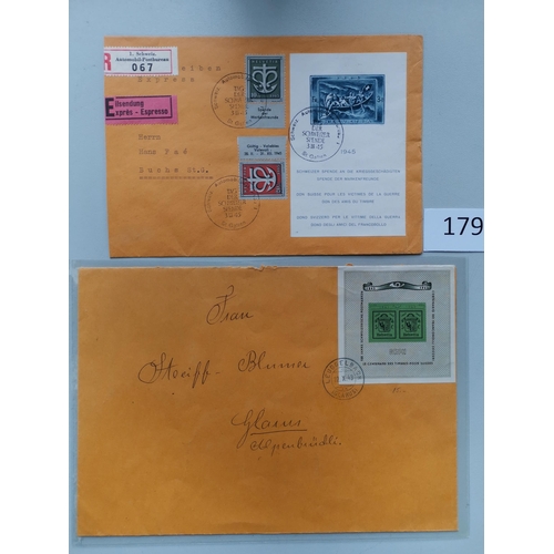 179 - SWITZERLAND. 1943 Philatelic Exhibition m/s FU on cover and 1945 War Relief m/s FU on large part cov... 