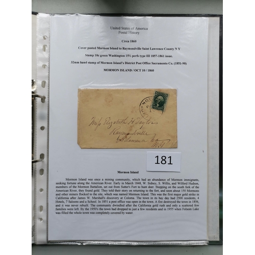 181 - U.S.A. A collection of mainly early issues in binder incl. 1857-61 10c fine used on cover  1862 cove... 