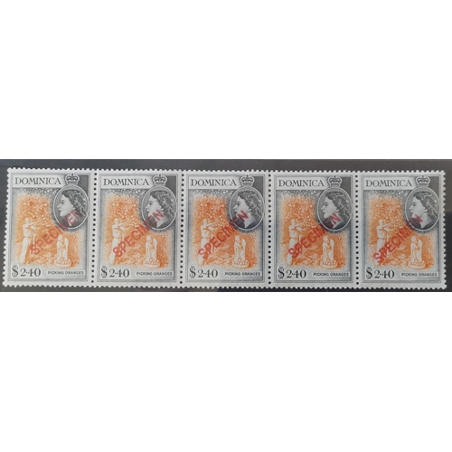 246 - DOMINICA. 1954 $2.40 in a scarce UM strip of 5 with SPECIMEN diagonal overprints in red. (5)