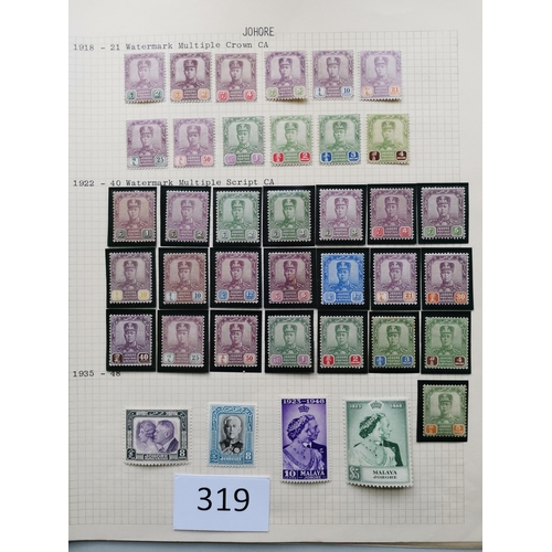 319 - MALAYSIA. JOHORE. Mint collection on leaves 1896 to 1970's  incl. 1896-99 to $3  1903-4 surcharges c... 