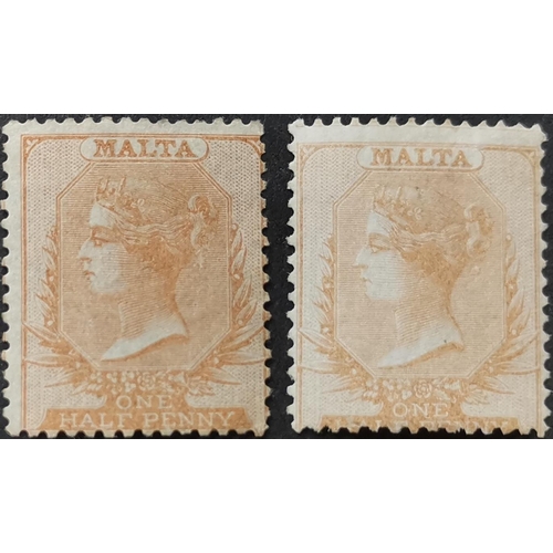 338 - MALTA. 1860-63 ½d's x 2 shades unused. Cat. £1 700 as cheapest. (2)