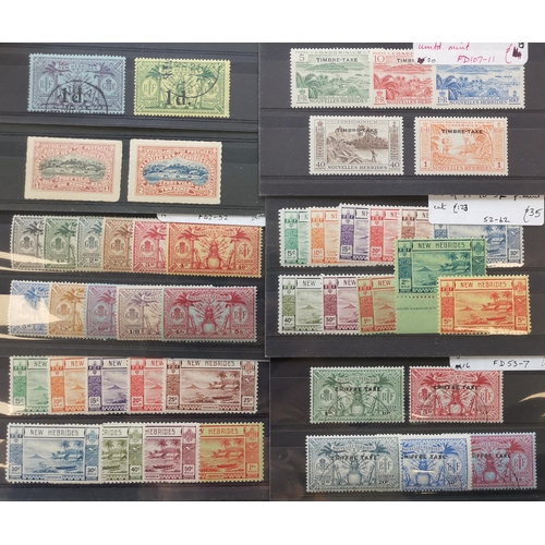 361 - NEW HEBRIDES. Nearly all M range on stockcards with English and French currency issues  useful Posta... 