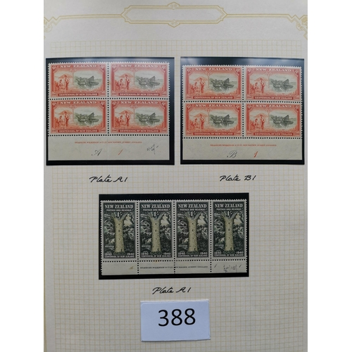 388 - NEW ZEALAND. 1940 Centennial collection with the set to 1/- in M imprint blocks of 4 (1/- strip of 4... 