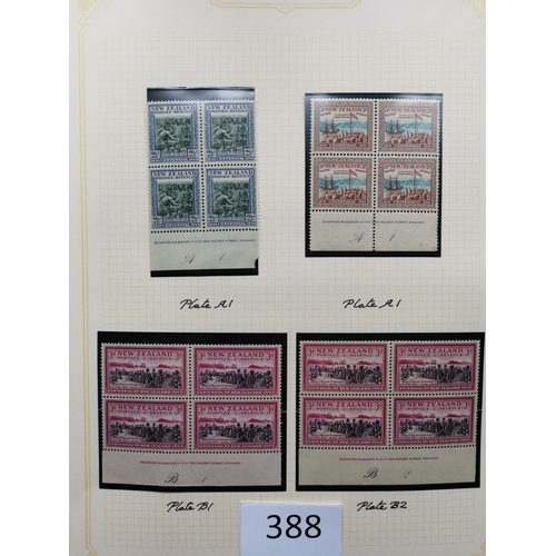 388 - NEW ZEALAND. 1940 Centennial collection with the set to 1/- in M imprint blocks of 4 (1/- strip of 4... 