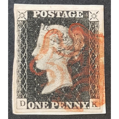 562 - QUEEN VICTORIA. 1840 1d black  Pl.6  DK  fine used with fair to good margins and red MC on small pie... 