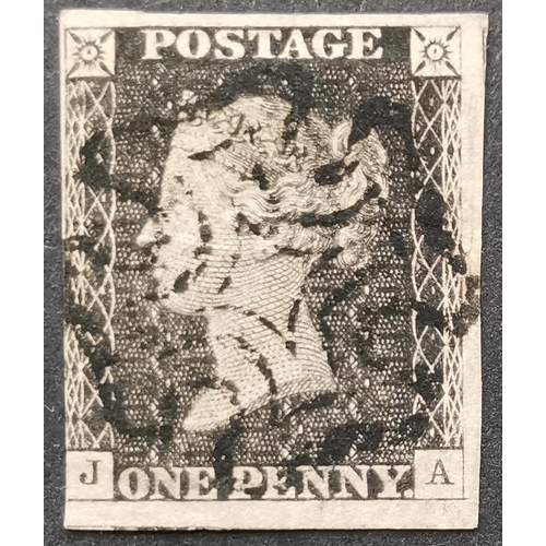 568 - QUEEN VICTORIA. 1840 1d greyish black plate 11  JA  good used with black MC  3 margins  though creas... 