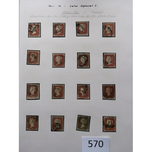 570 - QUEEN VICTORIA. 1841 1d REDS. A  used collection on leaves  most apparently plated  many with MC can... 