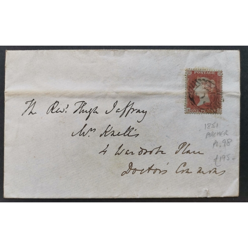 572 - QUEEN VICTORIA. 1850-54 Archer perf 1d red from Pl.98  KJ  on July 1851 envelope. Horizontal filing ... 