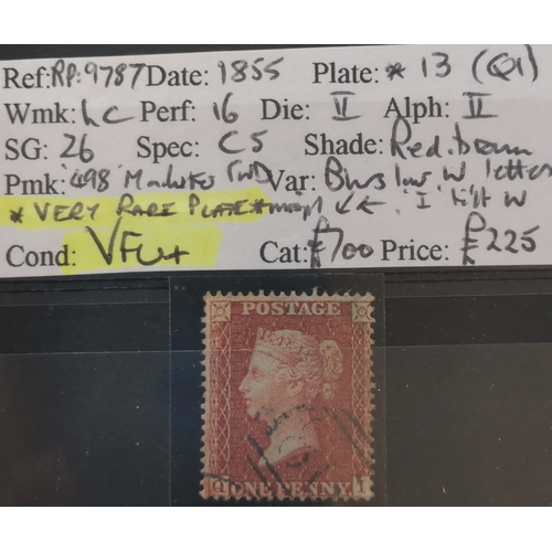 581 - QUEEN VICTORIA. 1855 1d red-brown  QI  LC  p.16  blued paper  fine used from scarce plate 13. On Stu... 