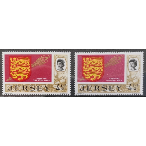 847 - JERSEY. 1970-74 4½p on uncoated paper UM + a normal copy. SG49ab. Cat. £275. (2)