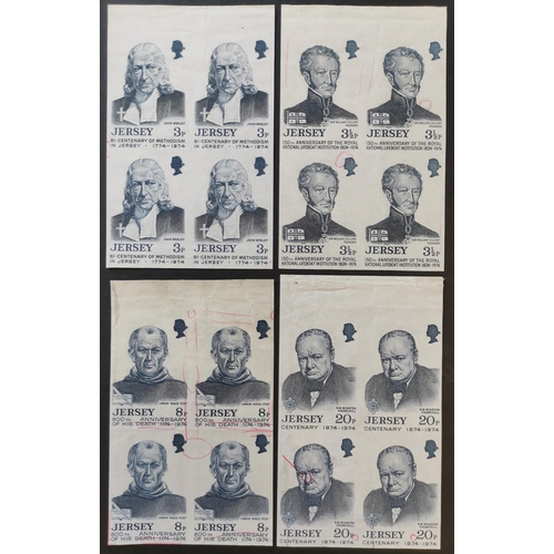 848 - JERSEY. 1974 Anniversaries set of 4 in imperf printers proof blocks of 4 in indigo  some wrinkles/cr... 