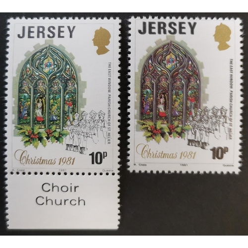 852 - JERSEY. 1981 Christmas 10p with black printing double UM + a normal copy. SG287a. Cat. £150. (2)