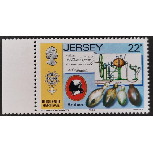 855 - JERSEY. 1985 Huguenots 22p with black printing double marginal UM + normal. SG374b. (2)