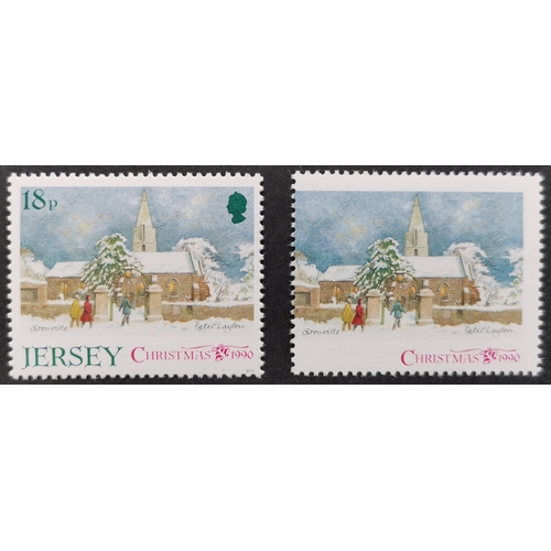 857 - JERSEY. 1990 Christmas 18p with deep blue-green (Queens Head and JERSEY) omitted UM  + normal copy. ... 