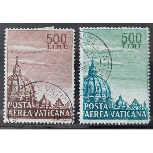 187 - VATICAN. 1953-60 Air 500l green and deep turquoise-green scarce p.14 FU + p.13 red-brown and deep br... 